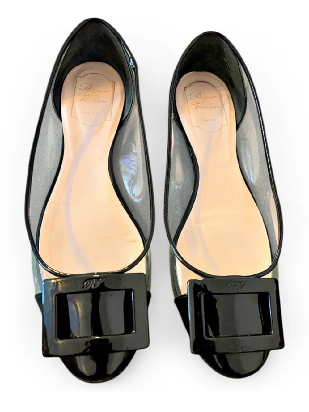 Roger Vivier Black Patent & Clear PVC Signature Buckle Gommetine Ballet Flats